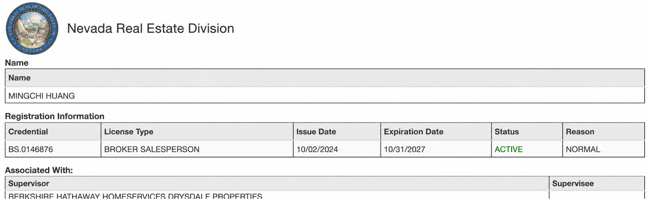Privacy-safe Nevada Real Estate Division record showing MINGCHI HUANG, active Broker Salesperson license BS.0146876, expiring October 31, 2027, associated with Berkshire Hathaway HomeServices Drysdale Properties