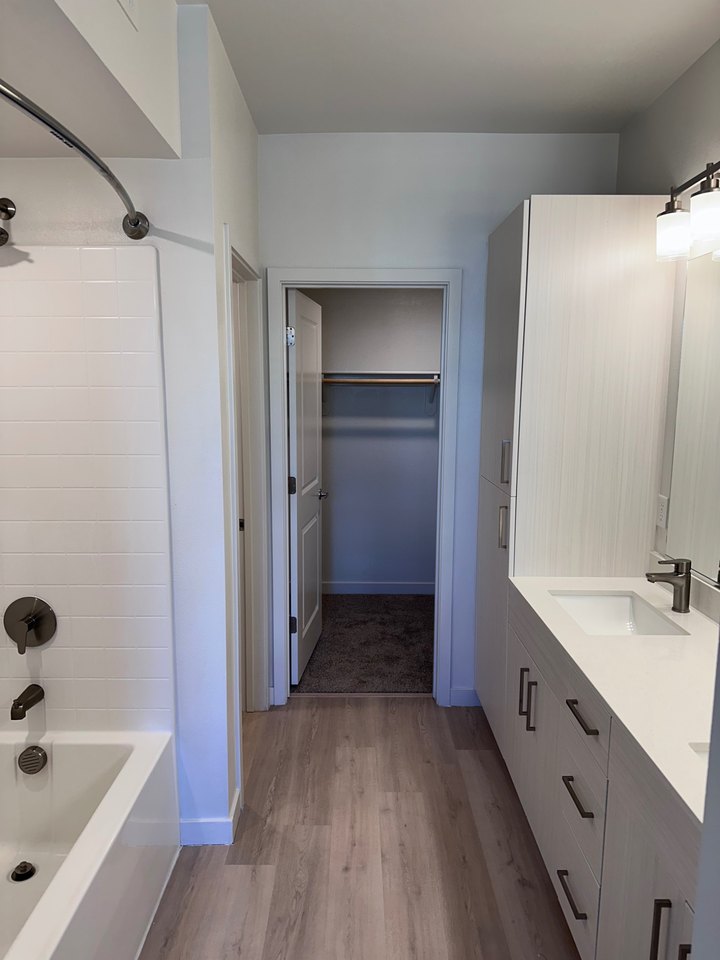 Bathroom vanity, tub, and open doorway toward a closet in a Reno residential property