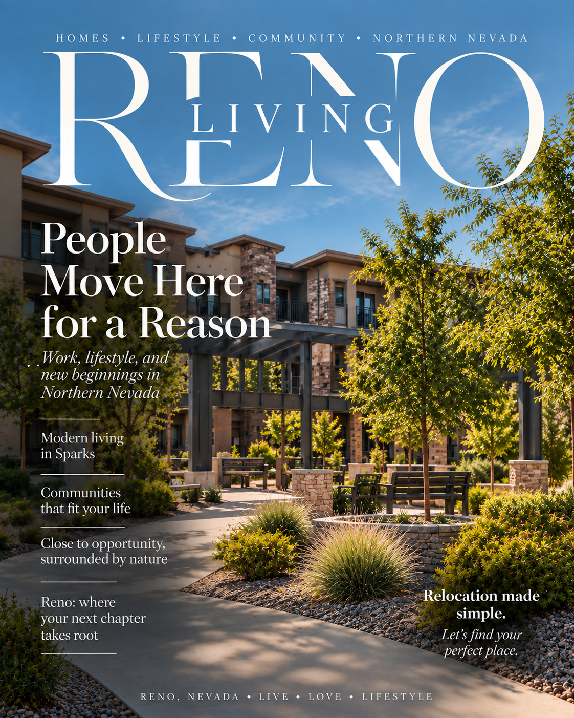 Reno Living editorial cover for a Northern Nevada corporate relocation success story