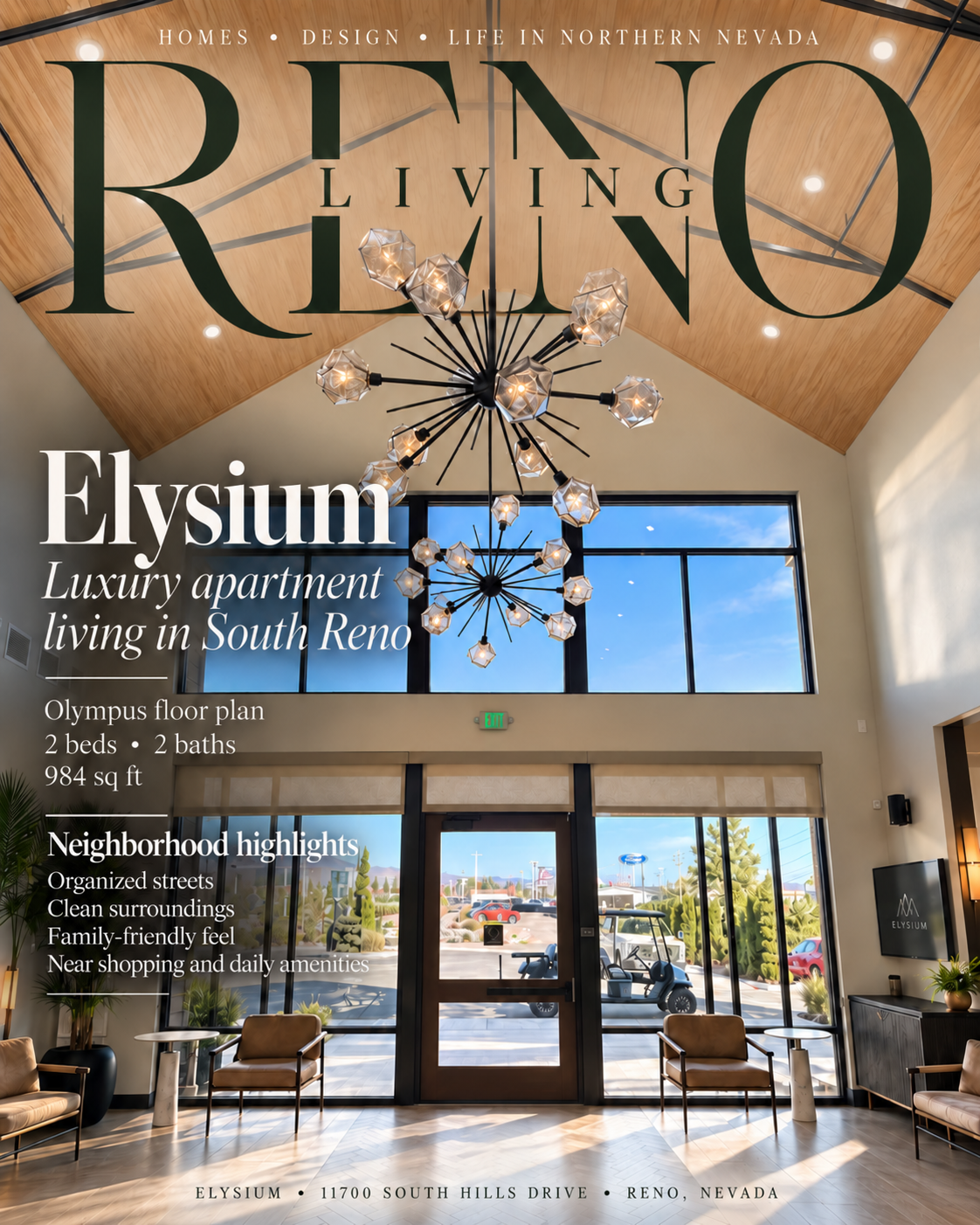 RENO LIVING editorial cover of the Elysium lobby